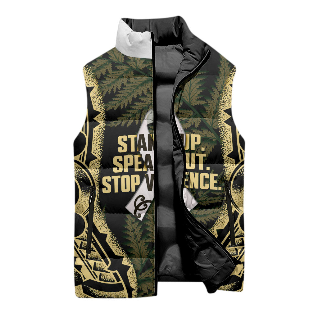 White Ribbon Day New Zealand Sleeveless Puffer Jacket Respect Women Maori Pattern Yellow