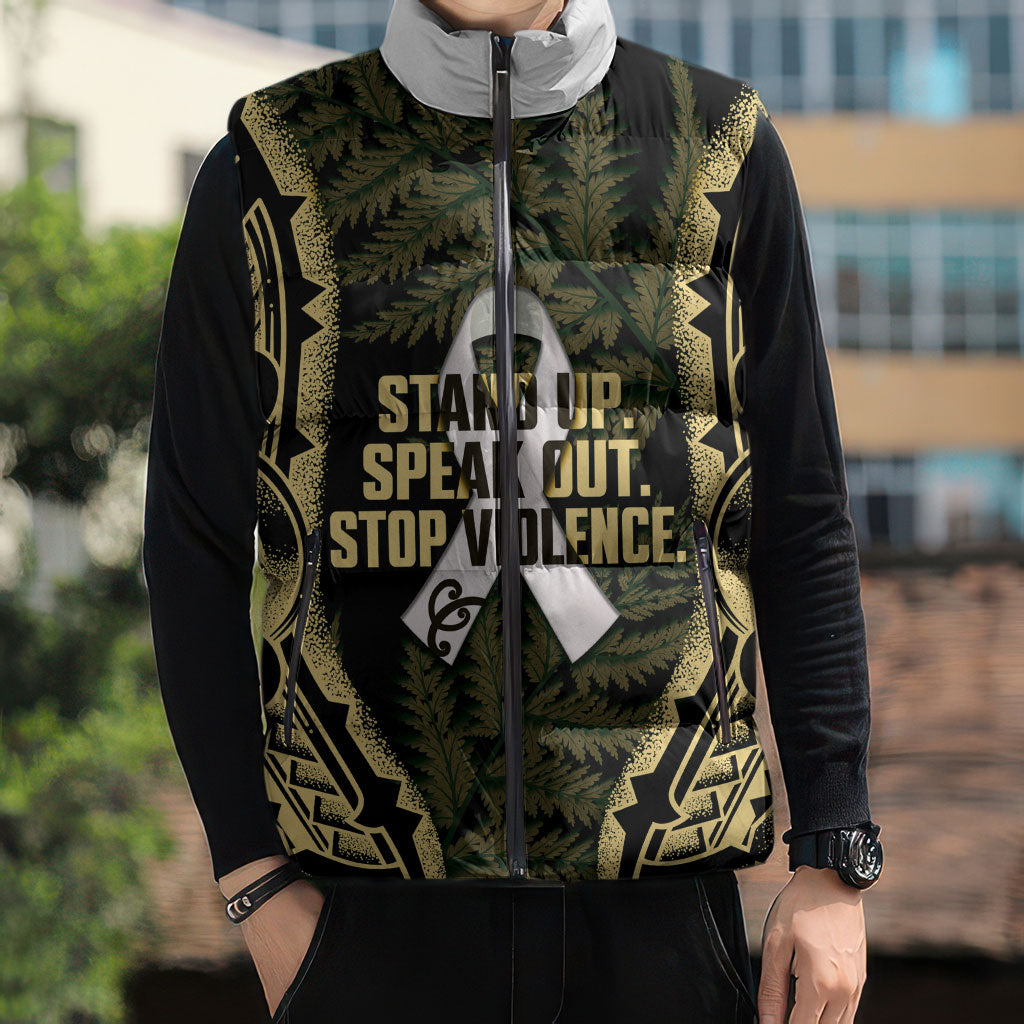 White Ribbon Day New Zealand Sleeveless Puffer Jacket Respect Women Maori Pattern Yellow