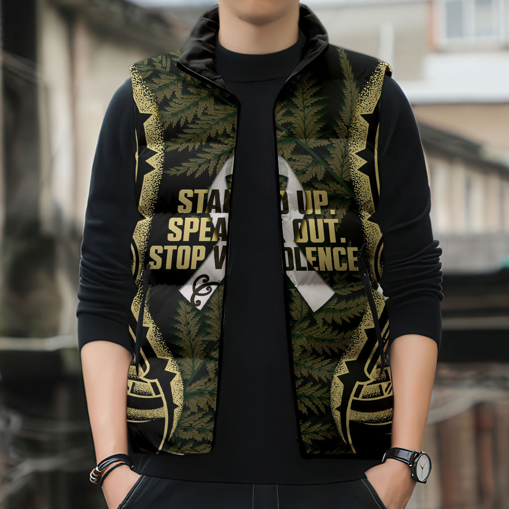 White Ribbon Day New Zealand Sleeveless Puffer Jacket Respect Women Maori Pattern Yellow