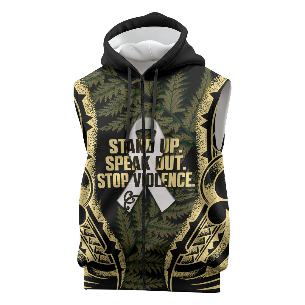 White Ribbon Day New Zealand Sleeveless Zip Hoodie Respect Women Maori Pattern Yellow