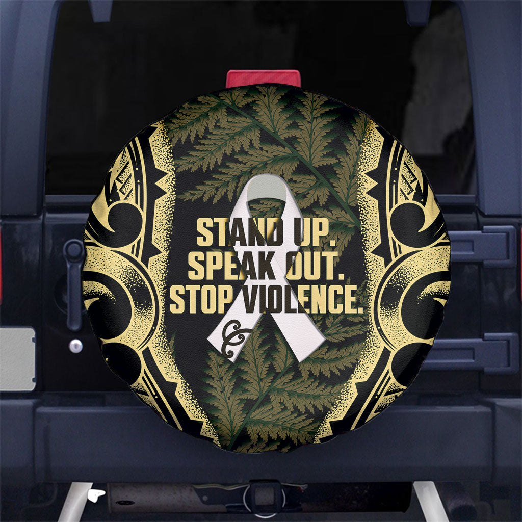 White Ribbon Day New Zealand Spare Tire Cover Respect Women Maori Pattern Yellow