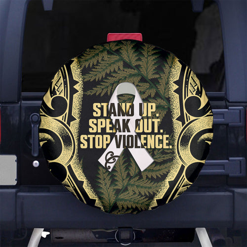 White Ribbon Day New Zealand Spare Tire Cover Respect Women Maori Pattern Yellow
