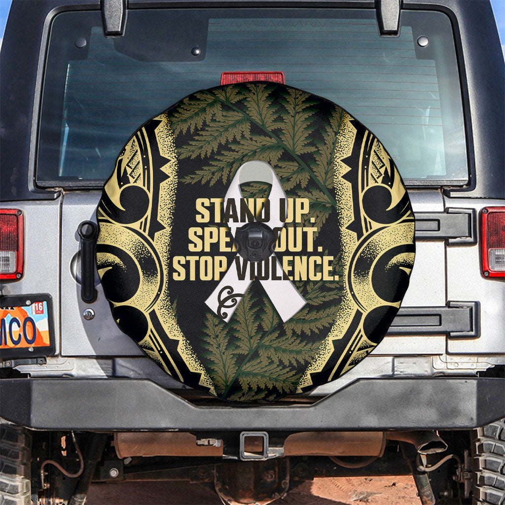 White Ribbon Day New Zealand Spare Tire Cover Respect Women Maori Pattern Yellow
