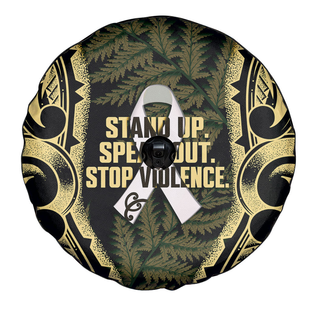 White Ribbon Day New Zealand Spare Tire Cover Respect Women Maori Pattern Yellow