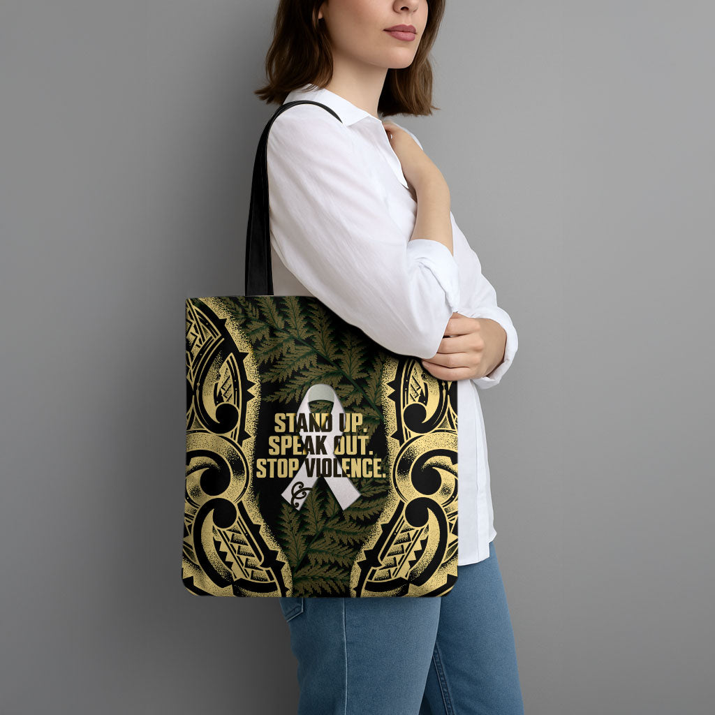 White Ribbon Day New Zealand Tote Bag Respect Women Maori Pattern Yellow