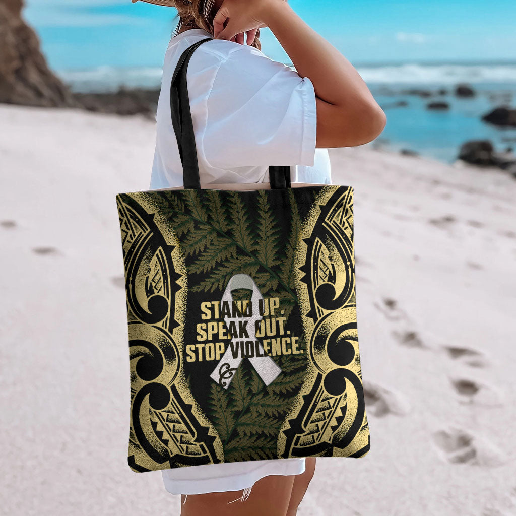 White Ribbon Day New Zealand Tote Bag Respect Women Maori Pattern Yellow