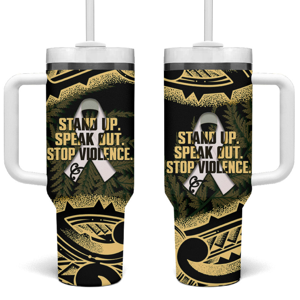 White Ribbon Day New Zealand Tumbler With Handle Respect Women Maori Pattern Yellow