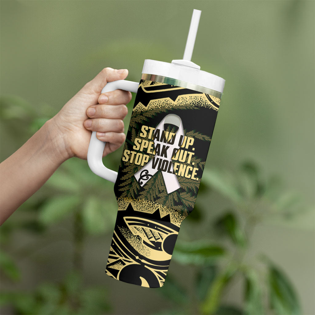 White Ribbon Day New Zealand Tumbler With Handle Respect Women Maori Pattern Yellow
