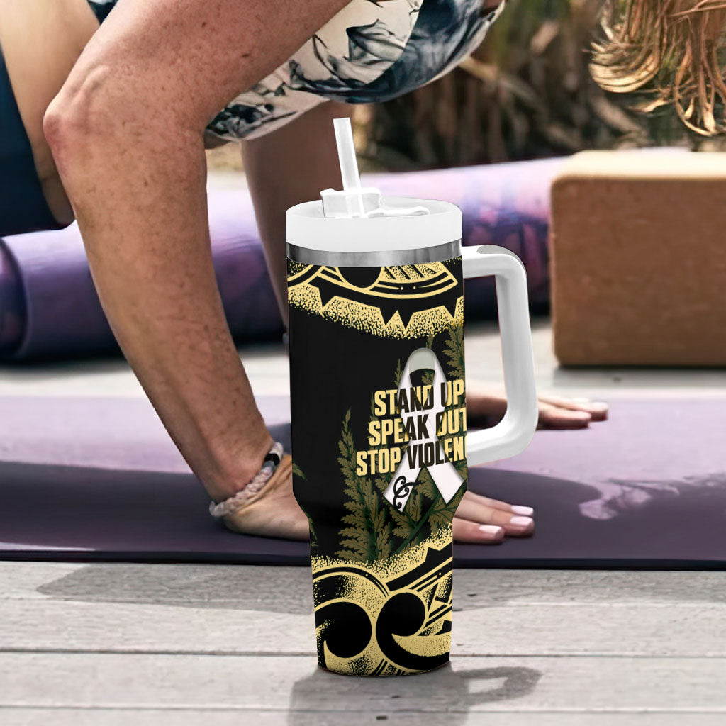 White Ribbon Day New Zealand Tumbler With Handle Respect Women Maori Pattern Yellow