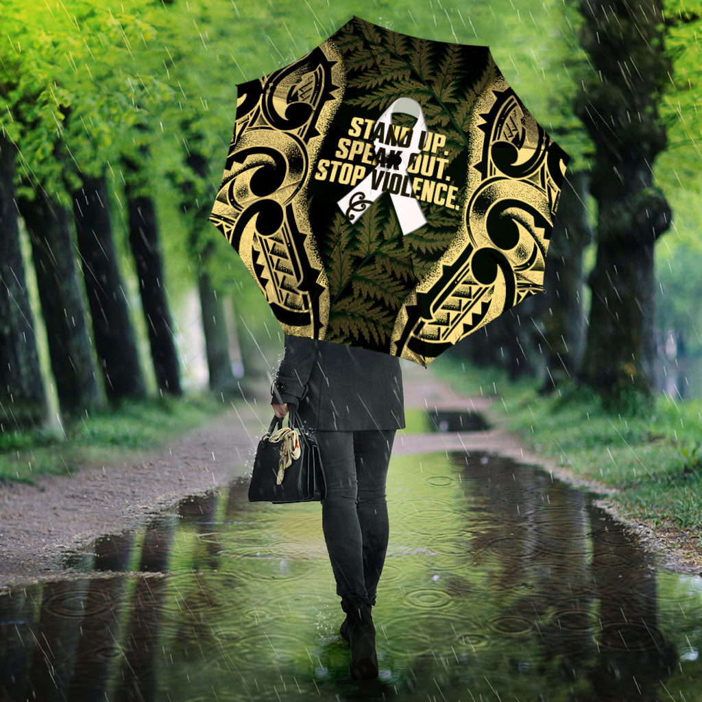 White Ribbon Day New Zealand Umbrella Respect Women Maori Pattern Yellow