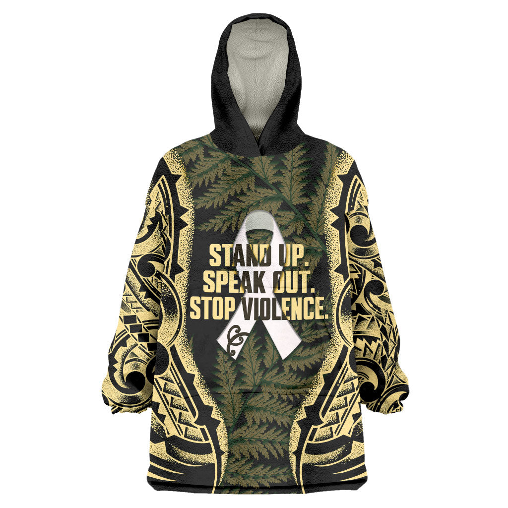 White Ribbon Day New Zealand Wearable Blanket Hoodie Respect Women Maori Pattern Yellow