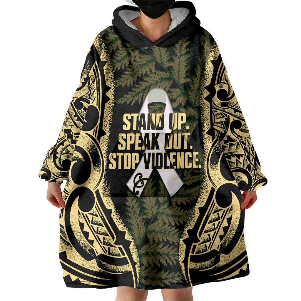 White Ribbon Day New Zealand Wearable Blanket Hoodie Respect Women Maori Pattern Yellow