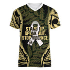 White Ribbon Day New Zealand Women V-Neck T-Shirt Respect Women Maori Pattern Yellow