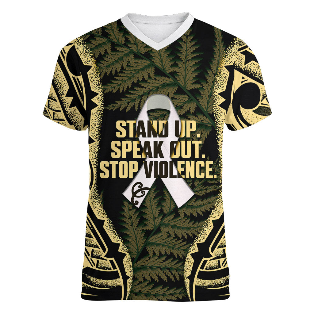 White Ribbon Day New Zealand Women V-Neck T-Shirt Respect Women Maori Pattern Yellow