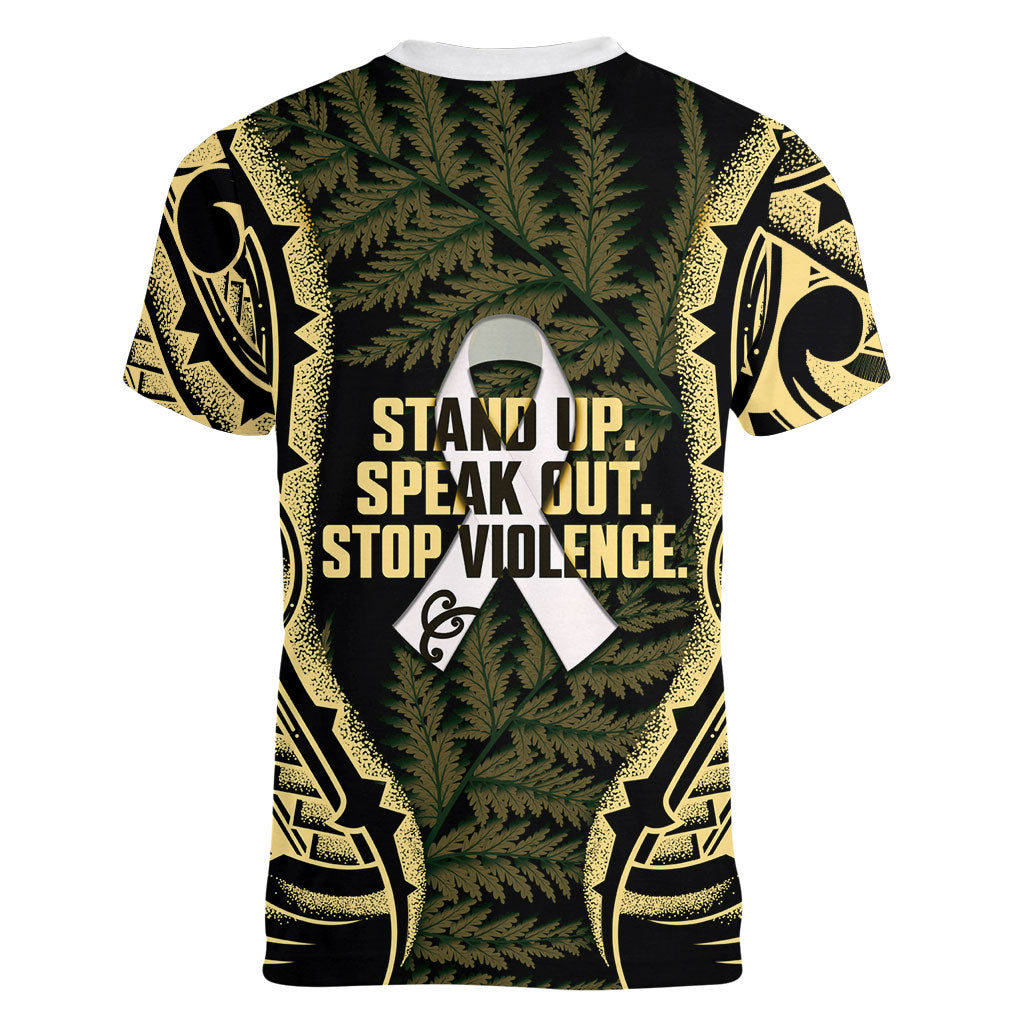 White Ribbon Day New Zealand Women V-Neck T-Shirt Respect Women Maori Pattern Yellow