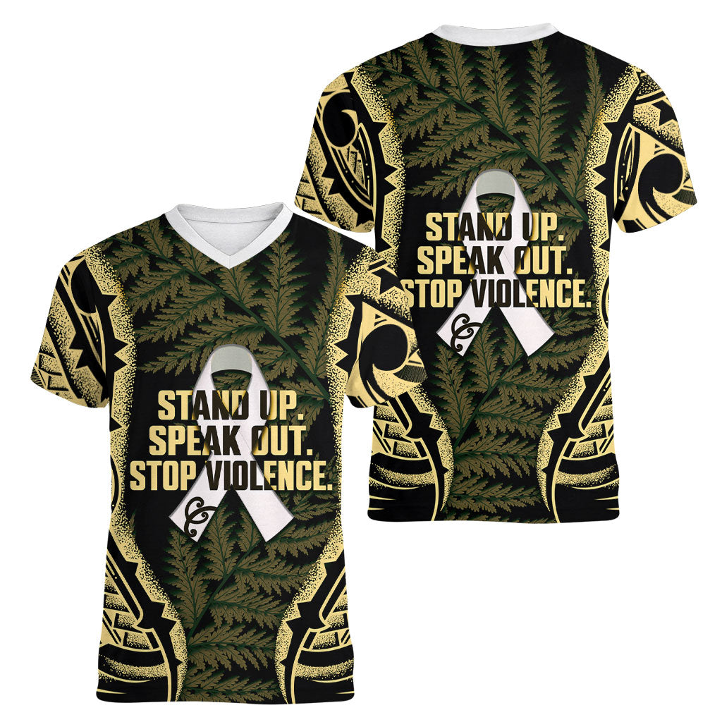 White Ribbon Day New Zealand Women V-Neck T-Shirt Respect Women Maori Pattern Yellow