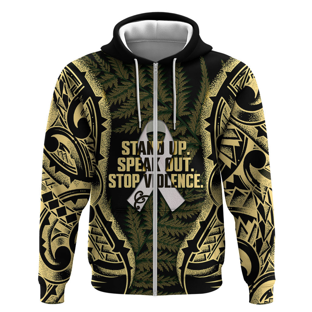 White Ribbon Day New Zealand Zip Hoodie Respect Women Maori Pattern Yellow