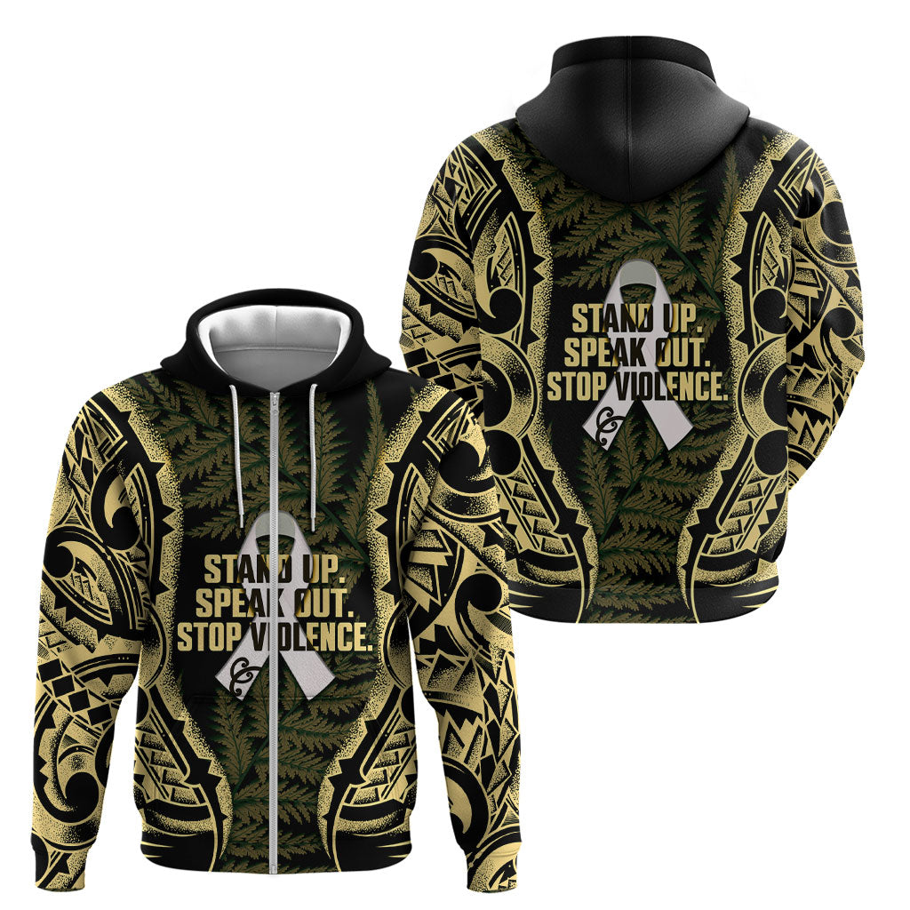 White Ribbon Day New Zealand Zip Hoodie Respect Women Maori Pattern Yellow