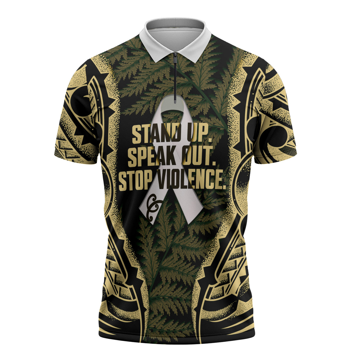 White Ribbon Day New Zealand Zipper Polo Shirt Respect Women Maori Pattern Yellow