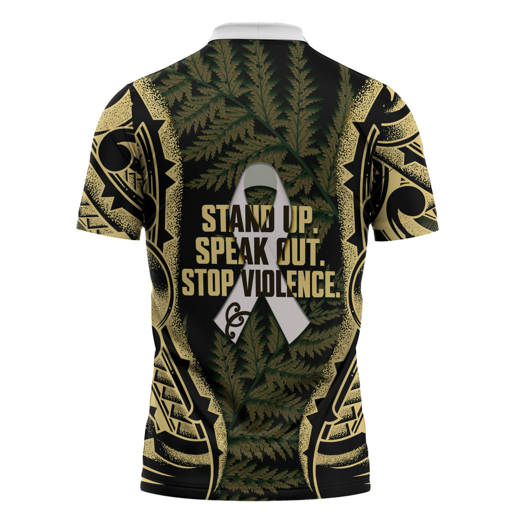 White Ribbon Day New Zealand Zipper Polo Shirt Respect Women Maori Pattern Yellow
