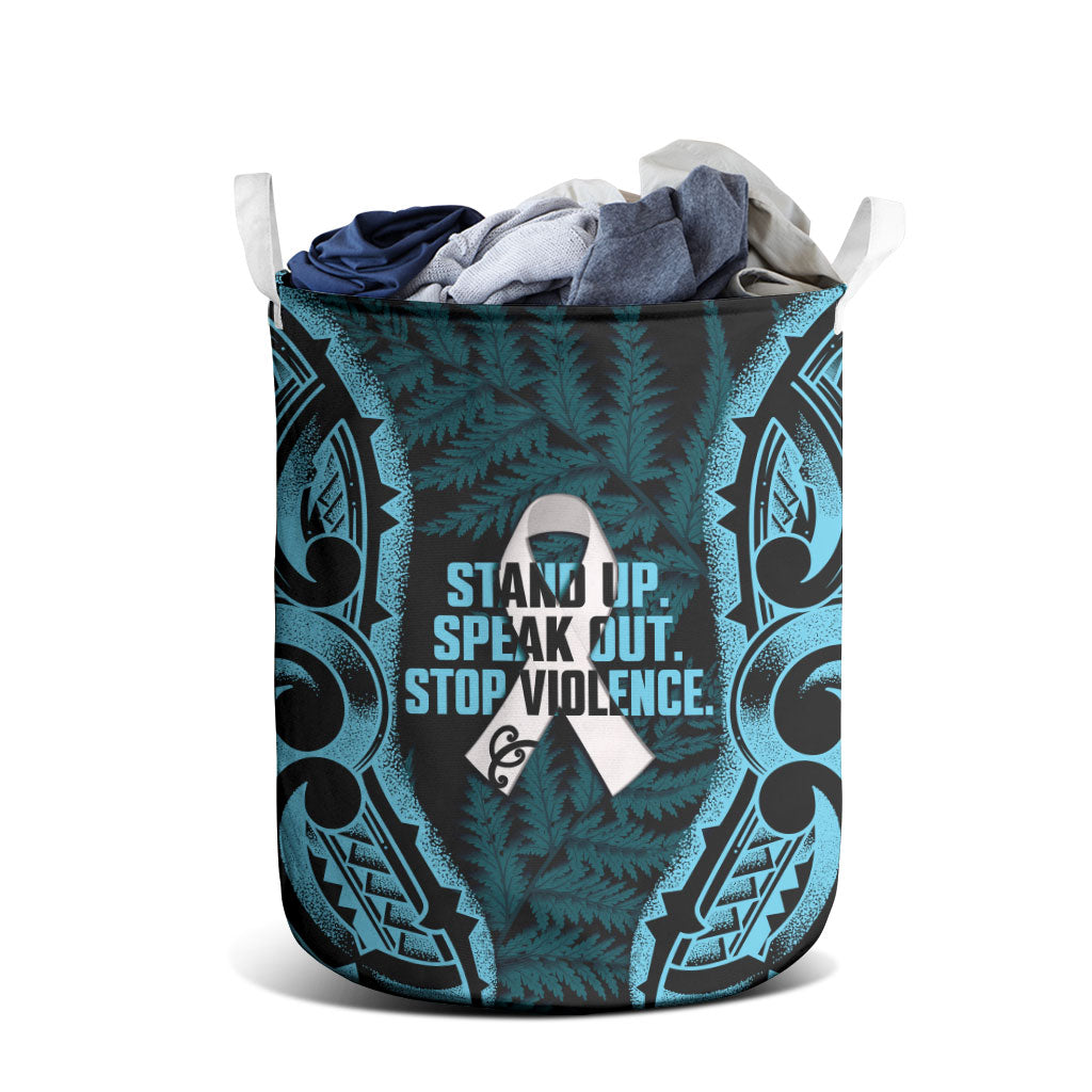 White Ribbon Day New Zealand Laundry Basket Respect Women Maori Pattern Blue