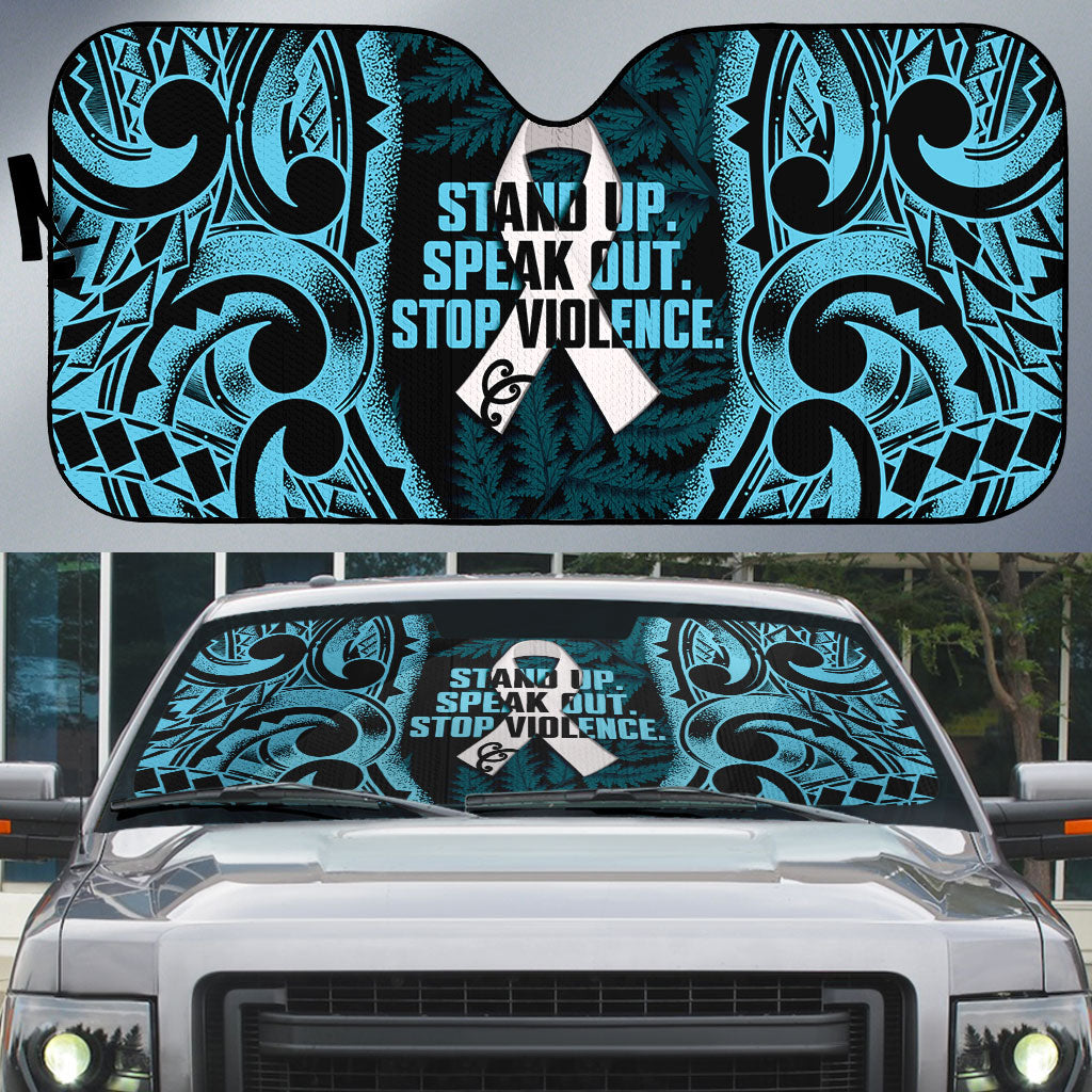 White Ribbon Day New Zealand Auto Sun Shade Respect Women Maori Pattern Blue