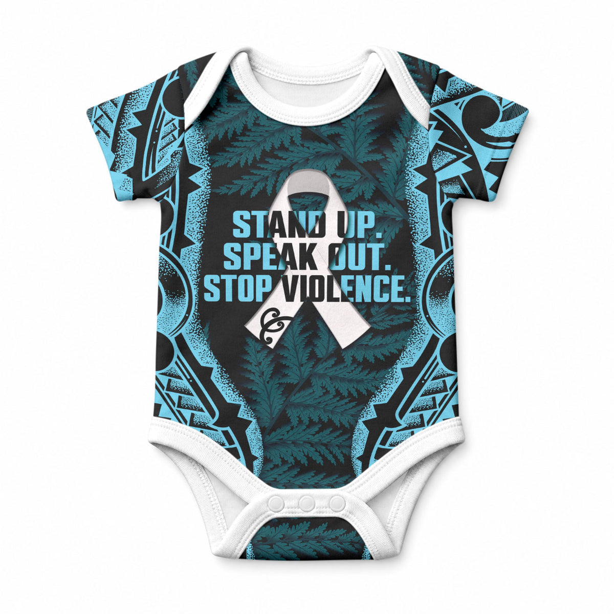 White Ribbon Day New Zealand Baby Onesie Respect Women Maori Pattern Blue