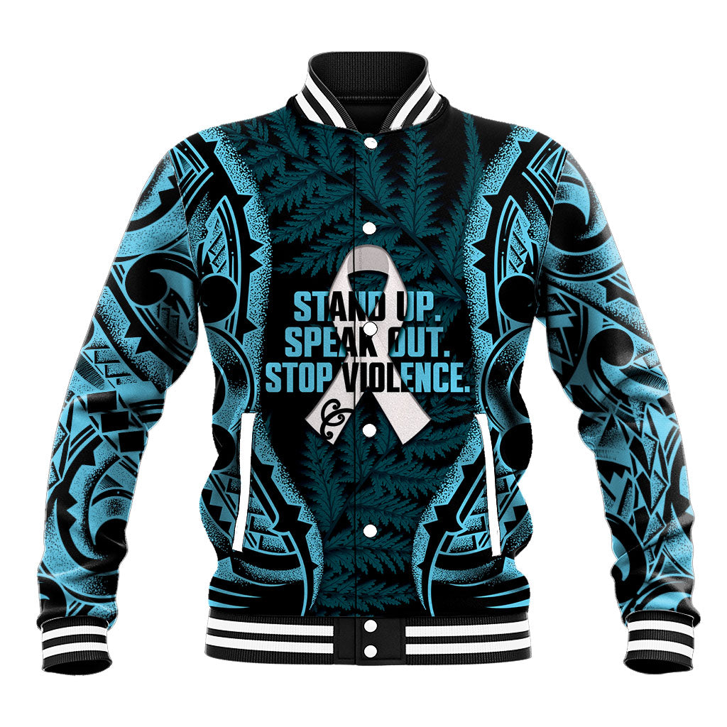 White Ribbon Day New Zealand Baseball Jacket Respect Women Maori Pattern Blue