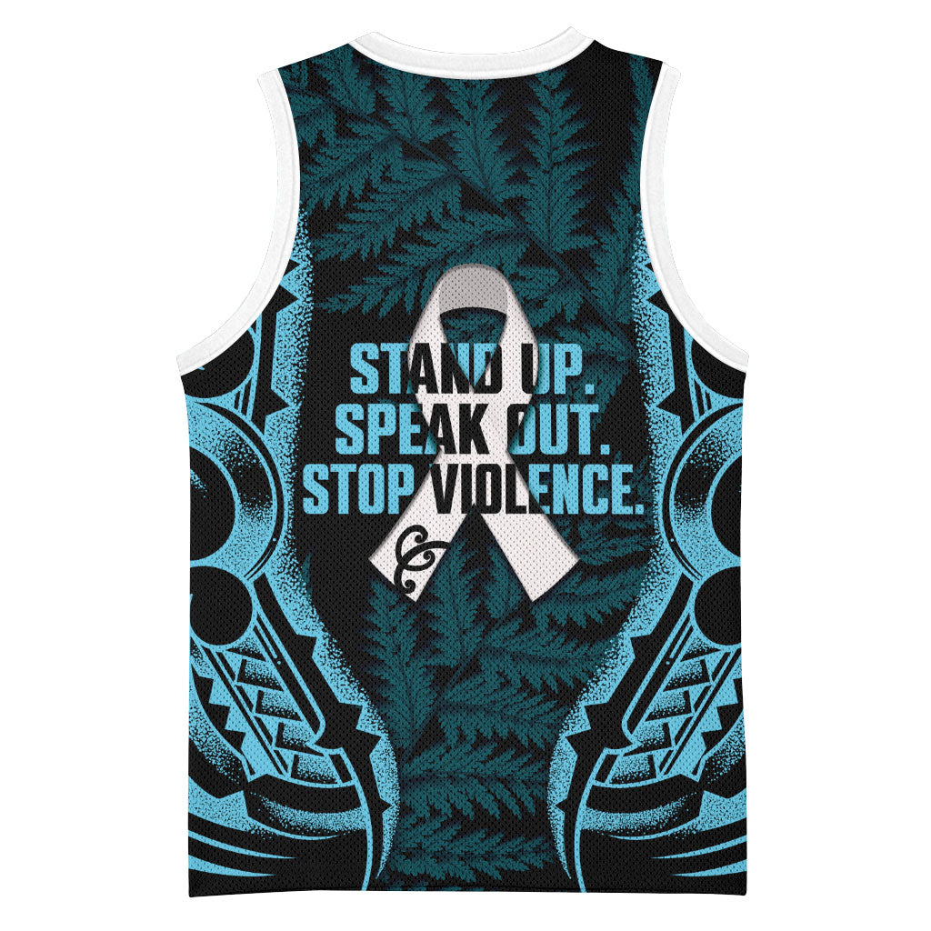 White Ribbon Day New Zealand Basketball Jersey Respect Women Maori Pattern Blue