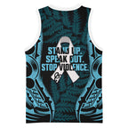 White Ribbon Day New Zealand Basketball Jersey Respect Women Maori Pattern Blue