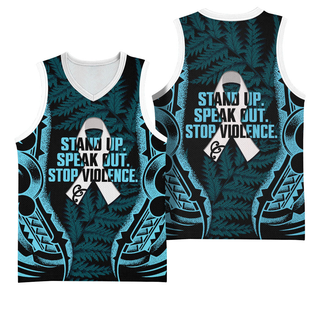 White Ribbon Day New Zealand Basketball Jersey Respect Women Maori Pattern Blue