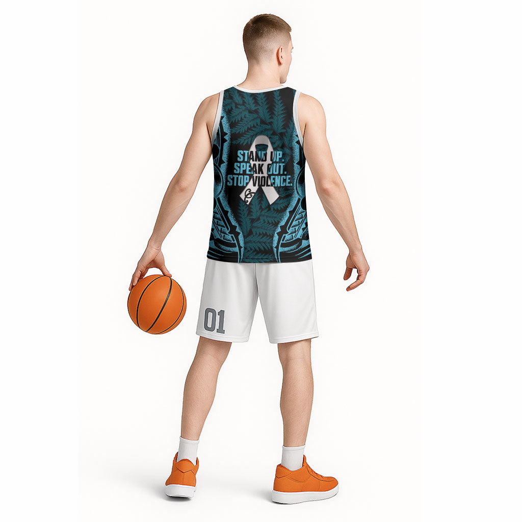 White Ribbon Day New Zealand Basketball Jersey Respect Women Maori Pattern Blue
