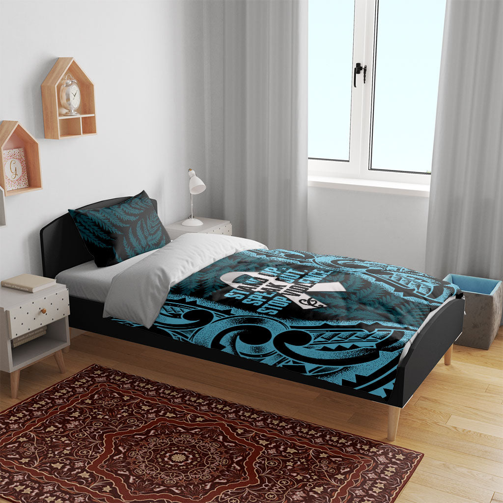 White Ribbon Day New Zealand Bedding Set Respect Women Maori Pattern Blue
