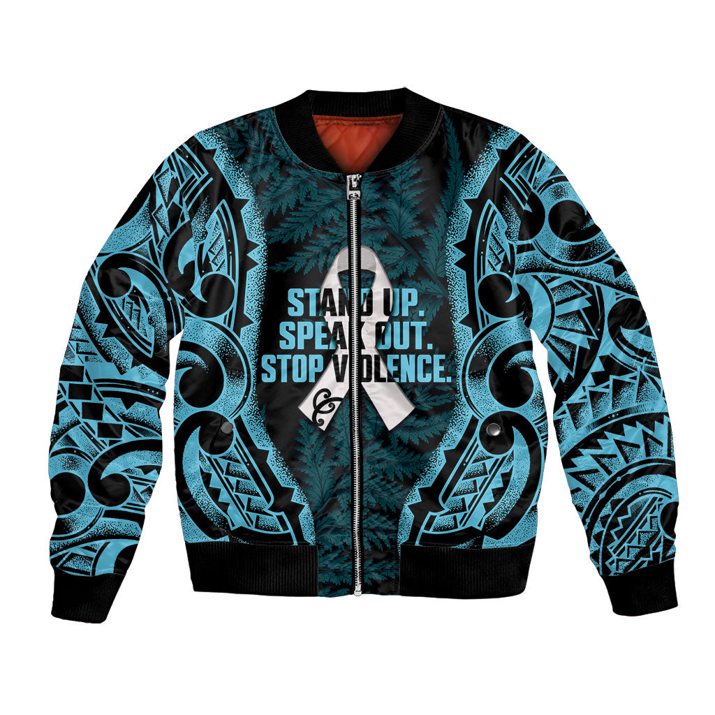 White Ribbon Day New Zealand Bomber Jacket Respect Women Maori Pattern Blue