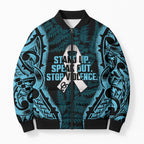 White Ribbon Day New Zealand Bomber Puffer Jacket Respect Women Maori Pattern Blue