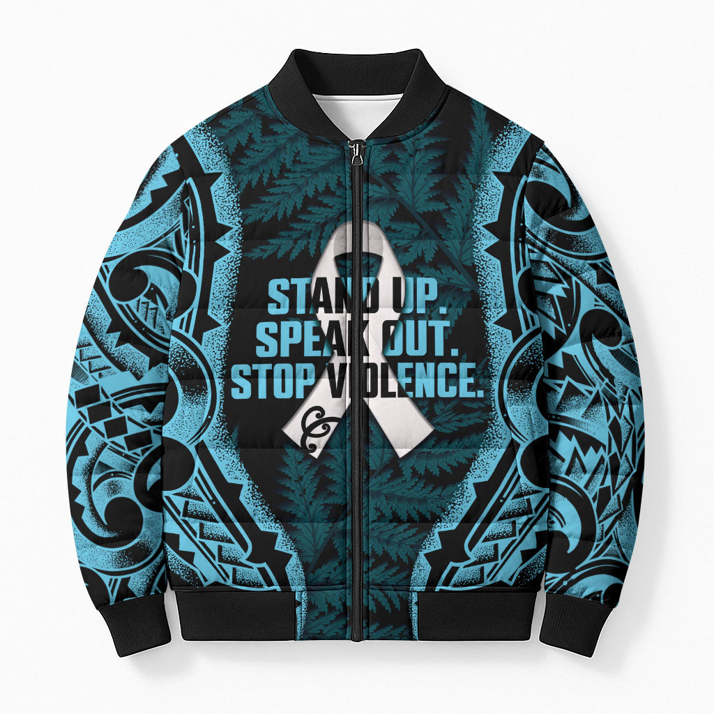 White Ribbon Day New Zealand Bomber Puffer Jacket Respect Women Maori Pattern Blue