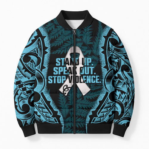 White Ribbon Day New Zealand Bomber Puffer Jacket Respect Women Maori Pattern Blue