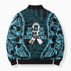 White Ribbon Day New Zealand Bomber Puffer Jacket Respect Women Maori Pattern Blue