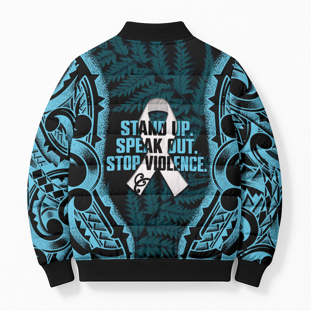 White Ribbon Day New Zealand Bomber Puffer Jacket Respect Women Maori Pattern Blue