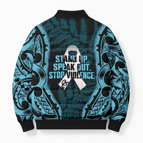 White Ribbon Day New Zealand Bomber Puffer Jacket Respect Women Maori Pattern Blue