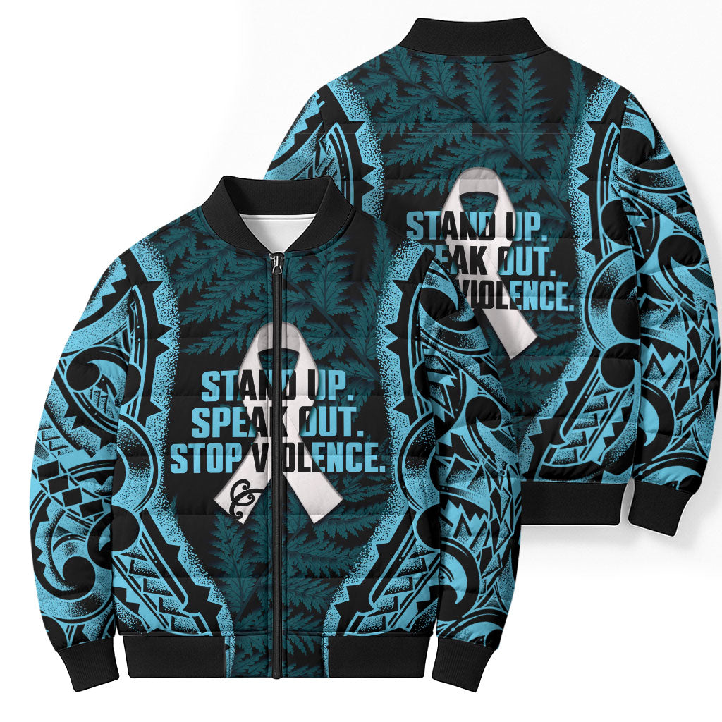 White Ribbon Day New Zealand Bomber Puffer Jacket Respect Women Maori Pattern Blue
