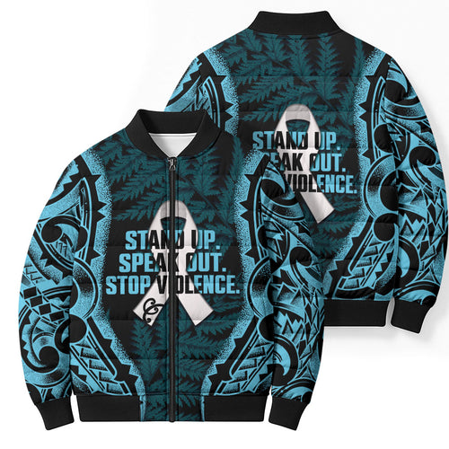 White Ribbon Day New Zealand Bomber Puffer Jacket Respect Women Maori Pattern Blue
