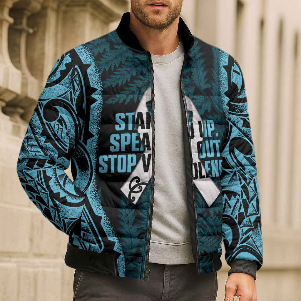White Ribbon Day New Zealand Bomber Puffer Jacket Respect Women Maori Pattern Blue
