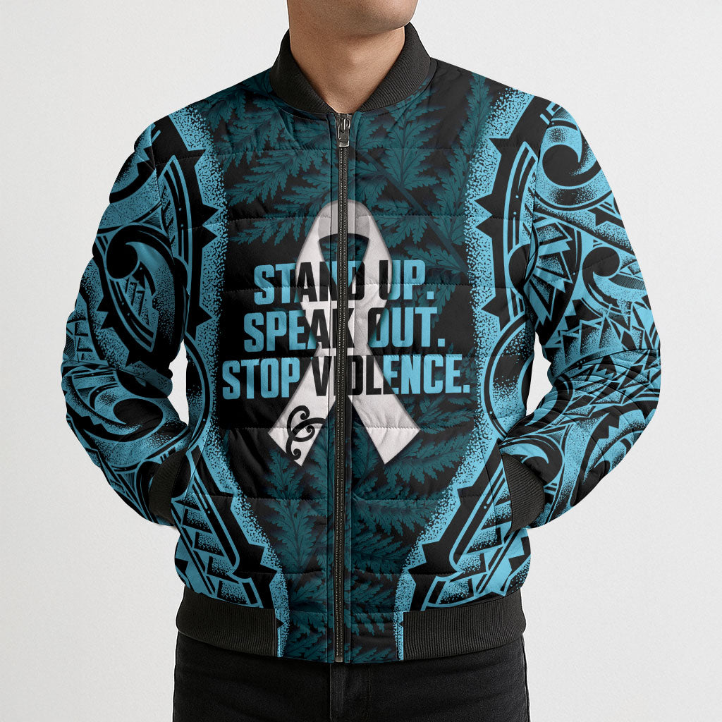 White Ribbon Day New Zealand Bomber Puffer Jacket Respect Women Maori Pattern Blue