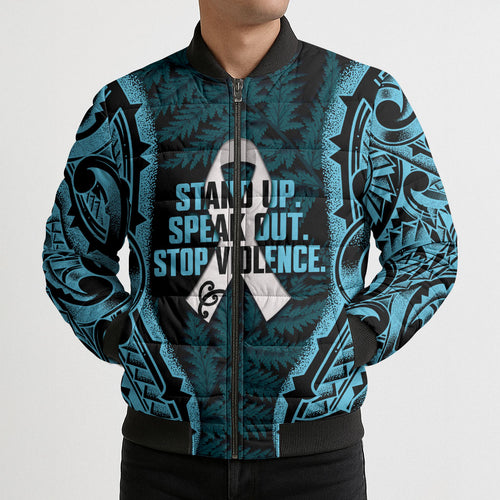 White Ribbon Day New Zealand Bomber Puffer Jacket Respect Women Maori Pattern Blue