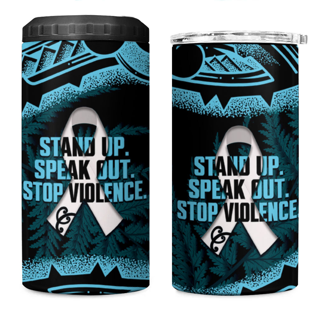 White Ribbon Day New Zealand 4 in 1 Can Cooler Tumbler Respect Women Maori Pattern Blue