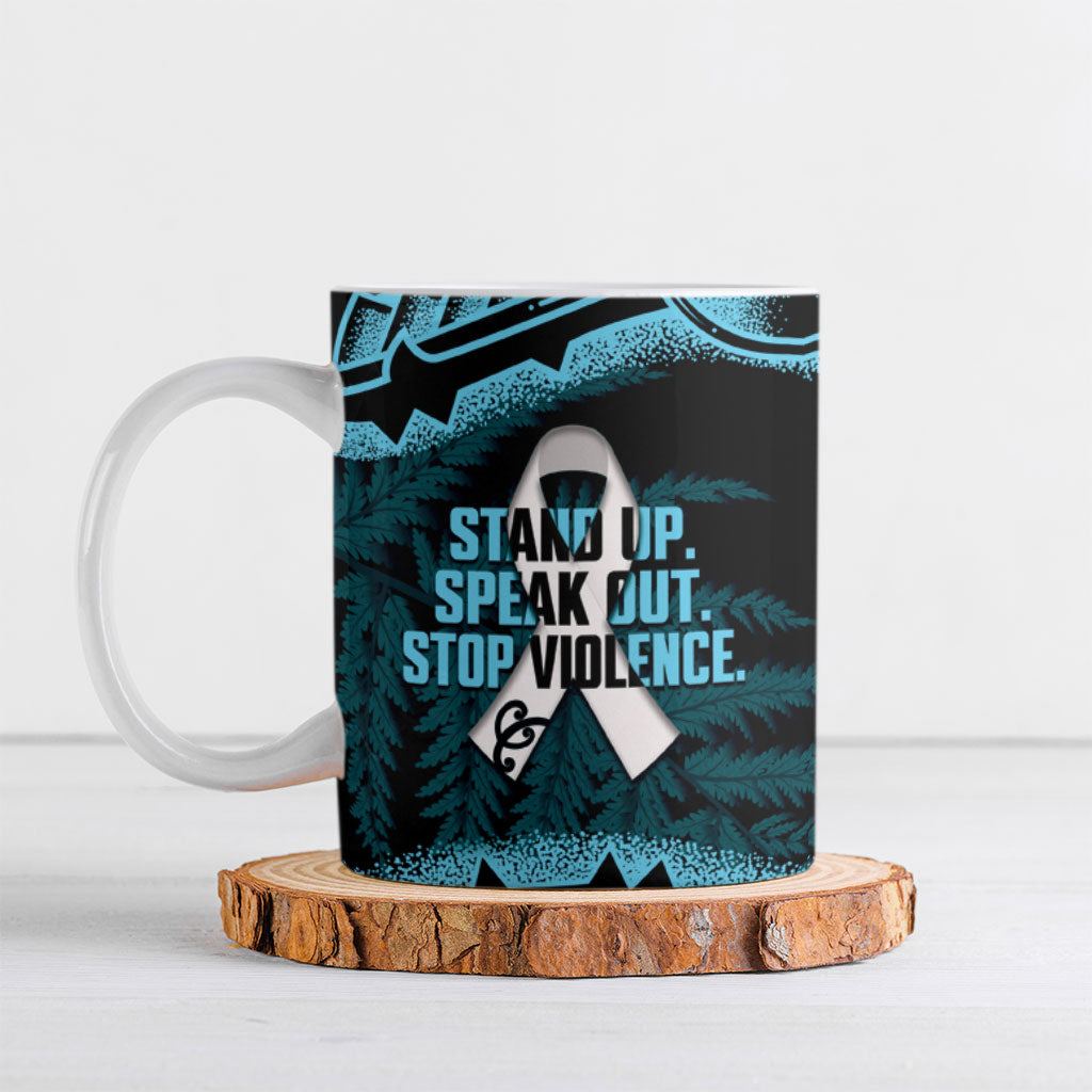 White Ribbon Day New Zealand Ceramic Mug Respect Women Maori Pattern Blue