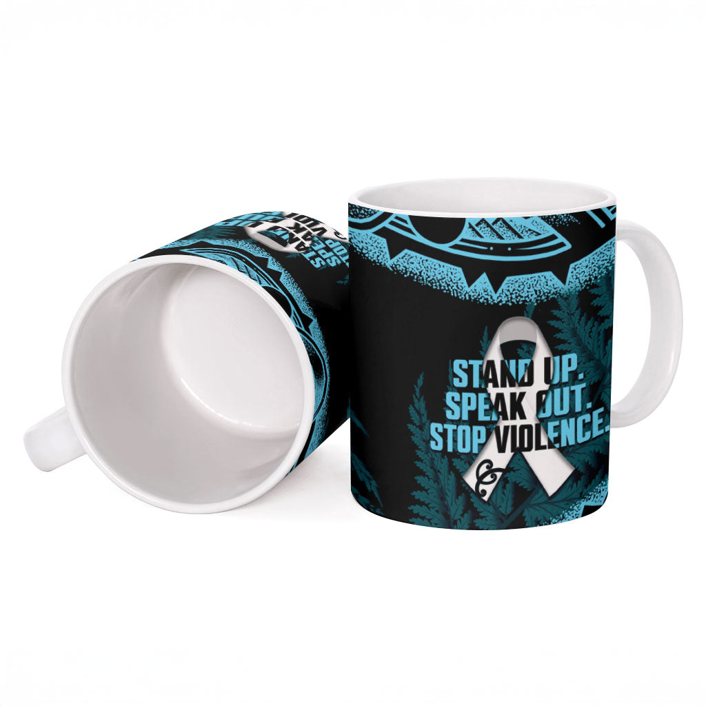 White Ribbon Day New Zealand Ceramic Mug Respect Women Maori Pattern Blue