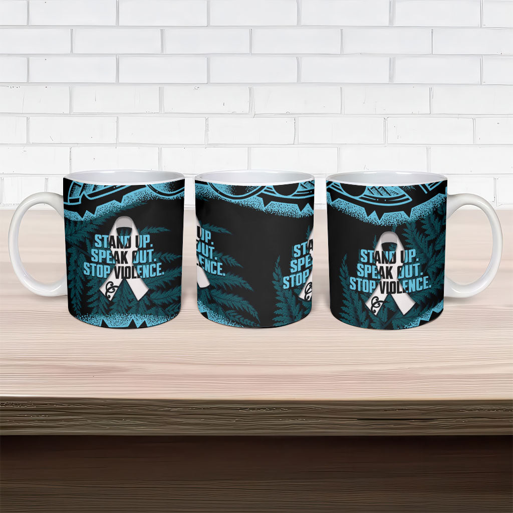 White Ribbon Day New Zealand Ceramic Mug Respect Women Maori Pattern Blue