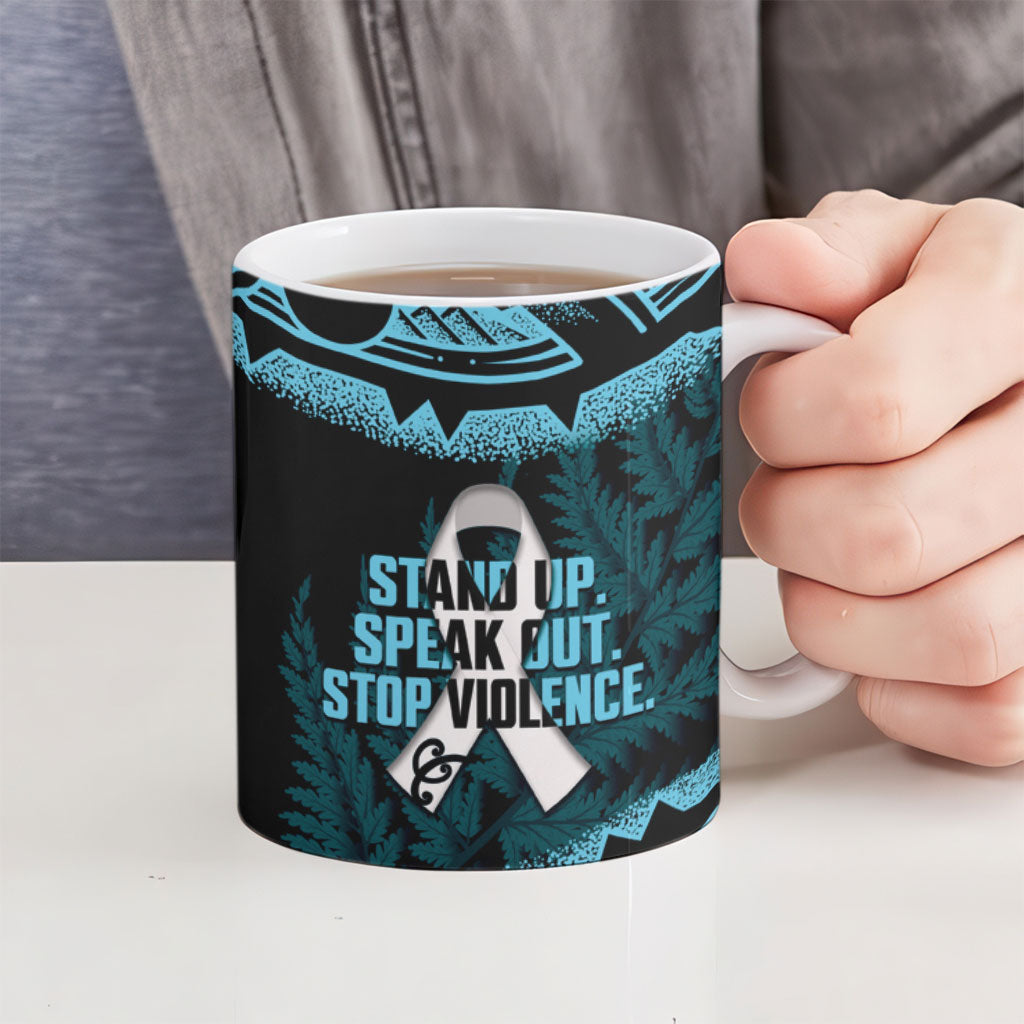 White Ribbon Day New Zealand Ceramic Mug Respect Women Maori Pattern Blue
